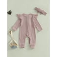 thumbnail image 4 of aturustex Infant Baby Girls Solid Zipper Rompers 0 3M 6M 12M Newborn Ruffles Long Sleeve Jumpsuits Crew Neck Ribbed Bodysuits with Headband Toddler Fashion Casual Basic Daily Spring Fall Clothes, 4 of 7