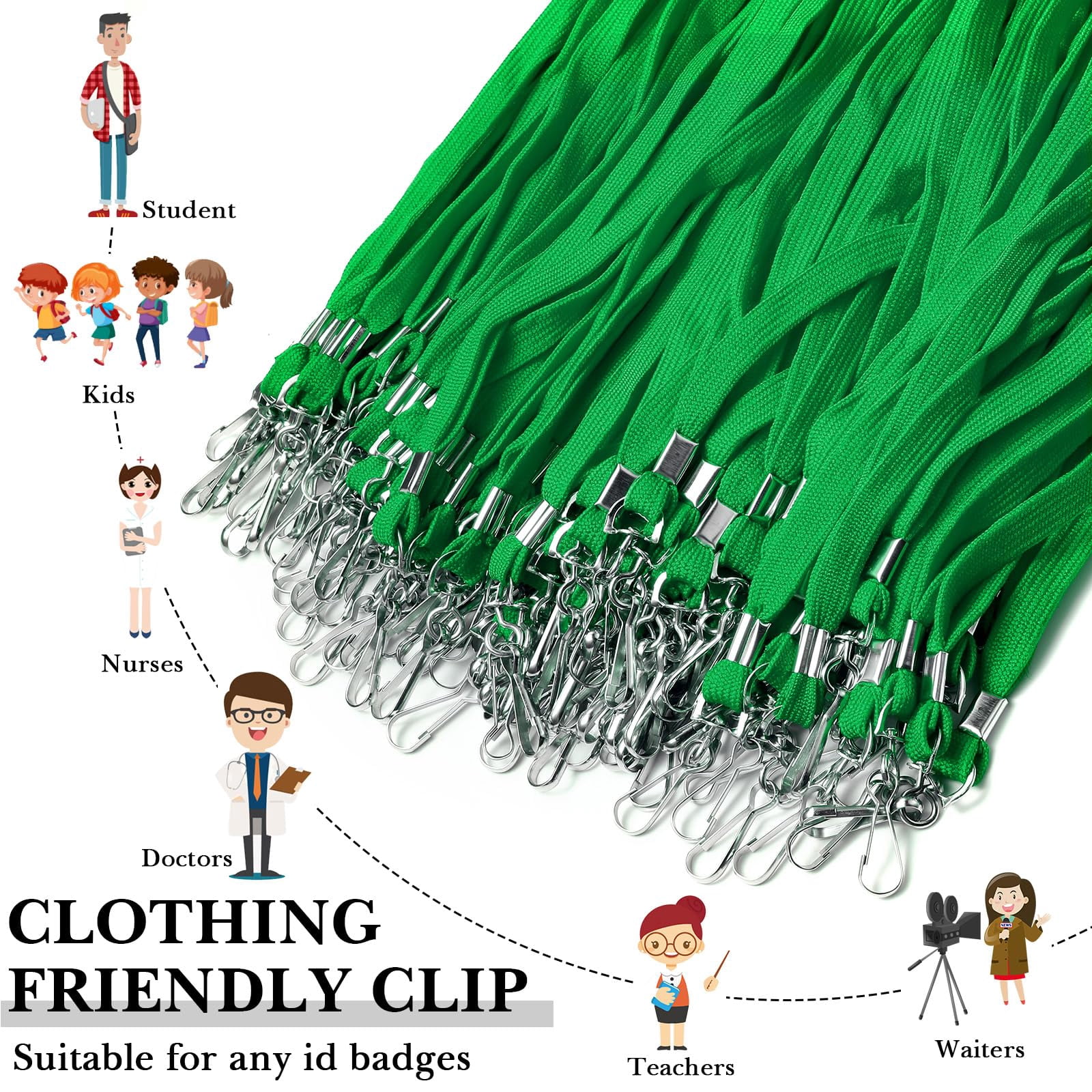 100 Lanyards Bulk For Id Badges Green Flat Badge Neck With Swivel J Hook Clip Student Teacher