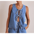 thumbnail image 6 of Women Tie Front Top 2 Piece Outfit Denim Set Sleeveless Deep V Neck Vest Jean Elastic Waist Shorts Sets Light Blue M, 6 of 7