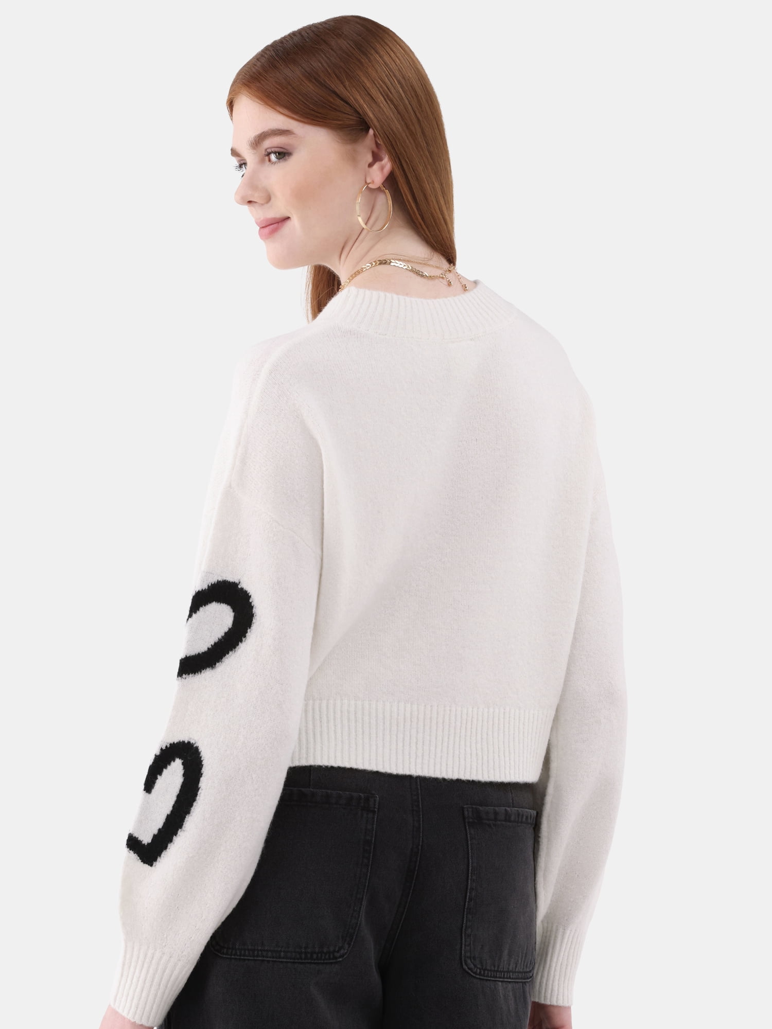 No Boundaries Crewneck Pullover Motif Sleeve Sweater, Women’s