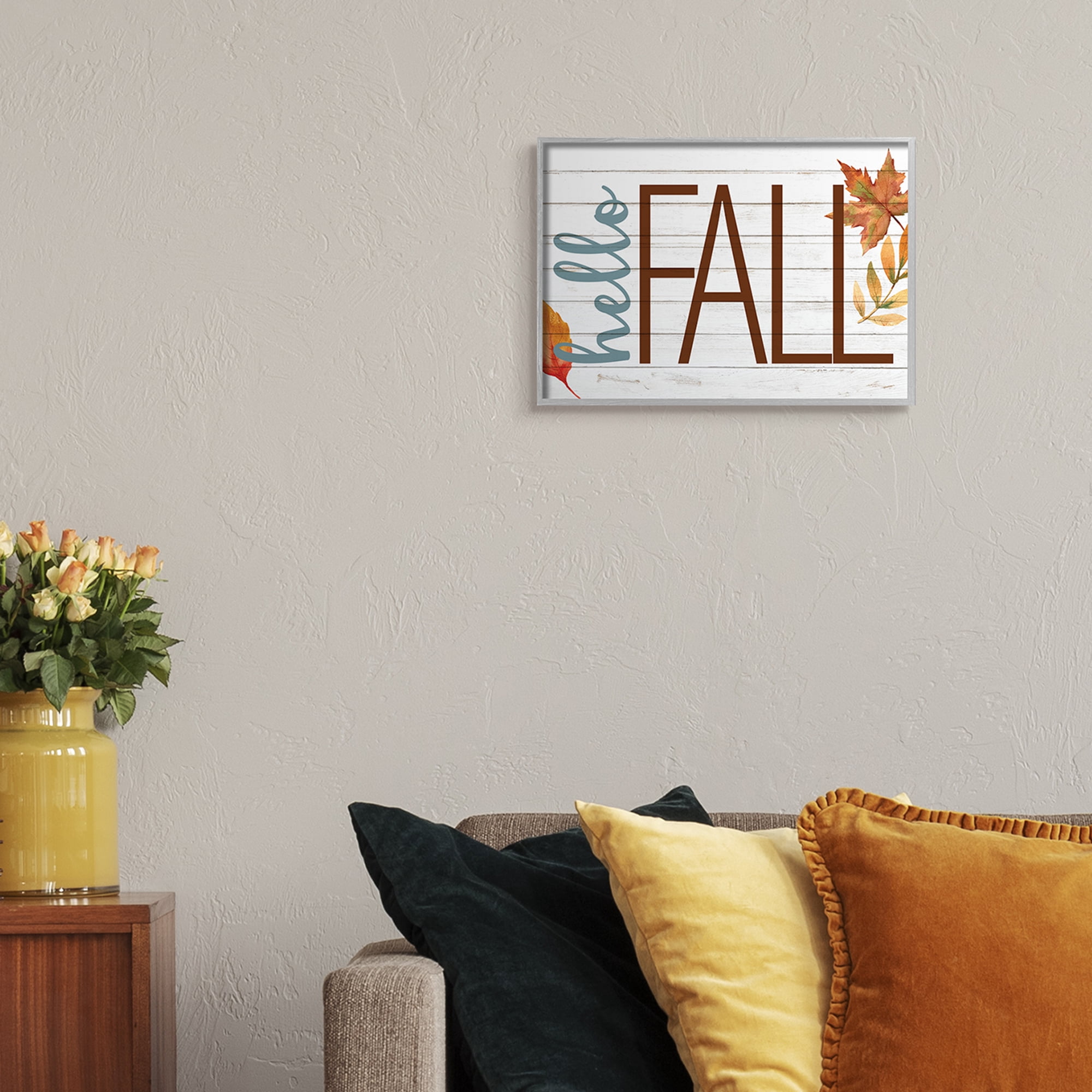 Stupell Industries Hello Fall Planked Look Autumn Foliage Holiday Painting Gray Framed Art Print Wall Art, 11 x 14