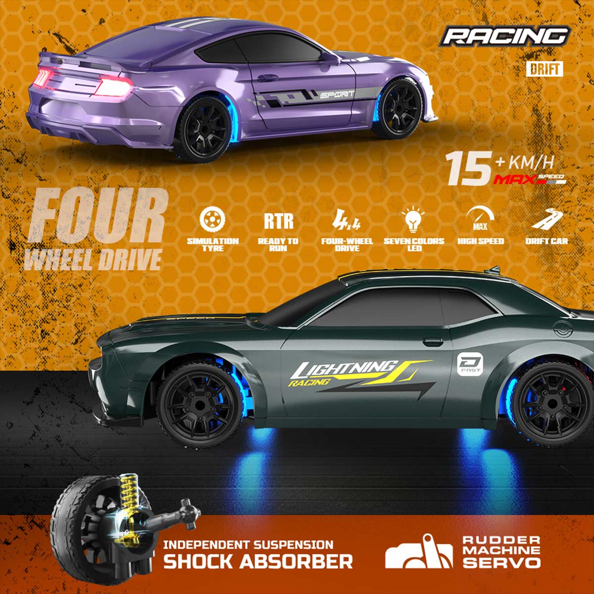 1/43 Scale Full-Proportional Mini Electric RC Drift Racing Car Model, 2.4G 15KM/H TOP Speed Vehicle with LED Lights(RTR /Purple)
