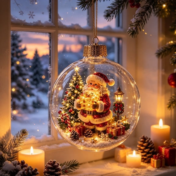 Glowing Christmas Story Ornament Christmas Ornament Ball 4 in Clear Hanging Bauble with Mini Winter Scene Diorama for Tree Mantel and Window