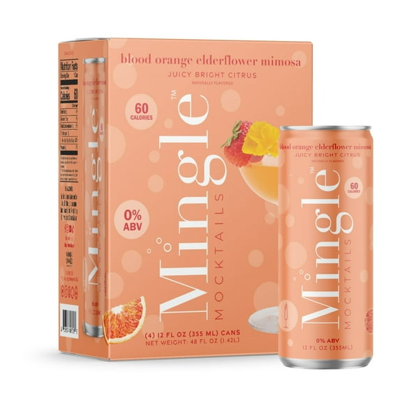 Mingle Mocktails Non-Alcoholic Blood Orange Elderflower Mimosa, 4 Pack, 12 fl oz Sleek Aluminum Cans, 0.00% ABV