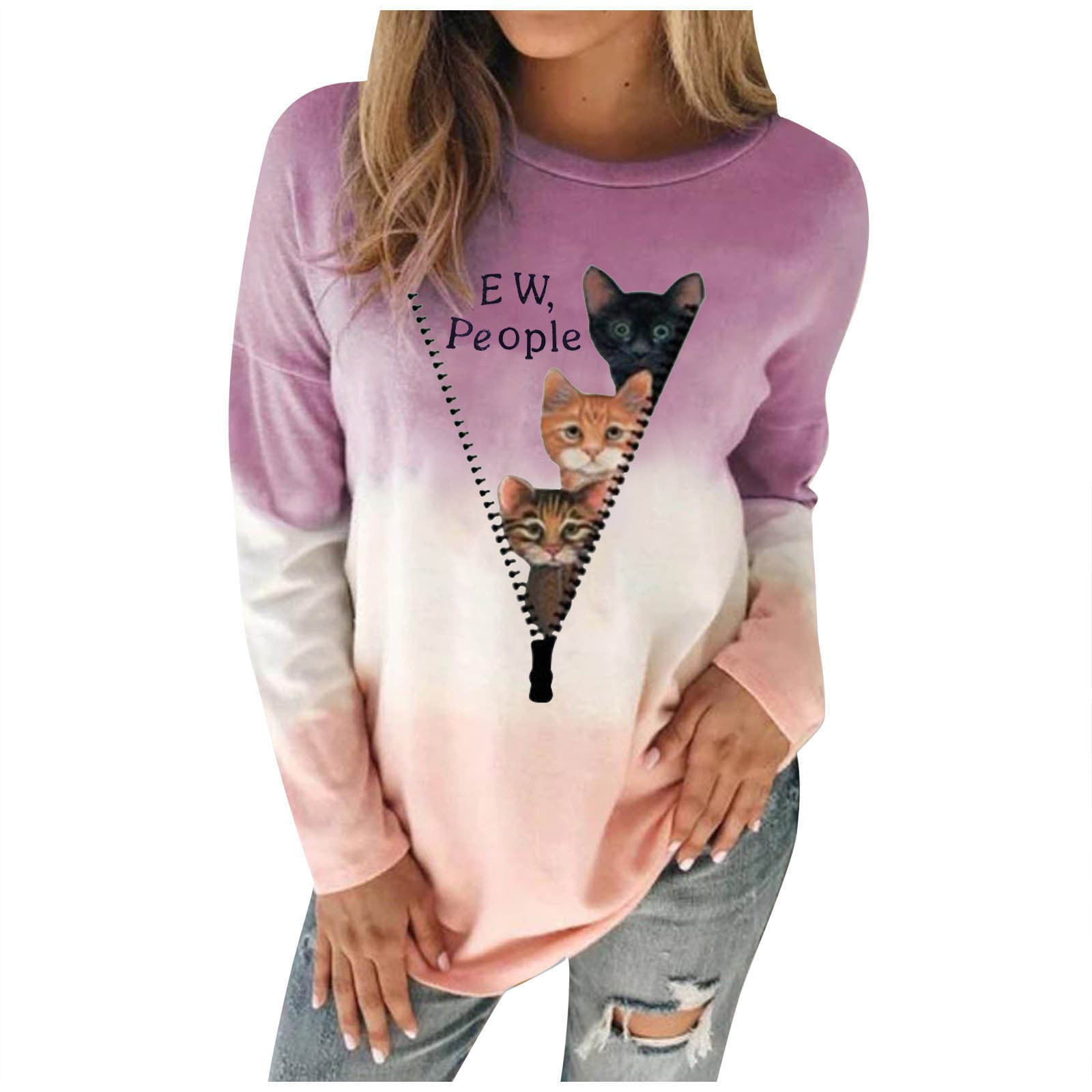 Ladies Women Cute Cat Print Shirt Long Sleeve Sweatshirt Loose Casual Blouse 