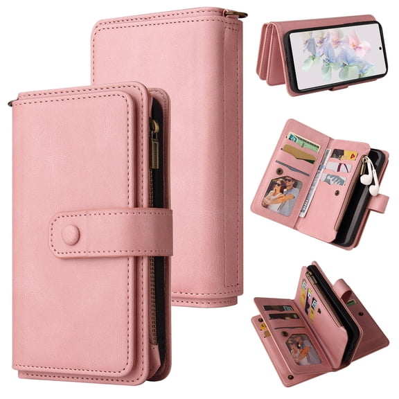 SaniMore Case for Google Pixel 8A, PU Leather Case Zipper Wallet Card Holder Detachable Wrist Strap Kickstand Magnetic Clasp 360°Full Protective Shockproof Anti-drop Business Cover, Pink