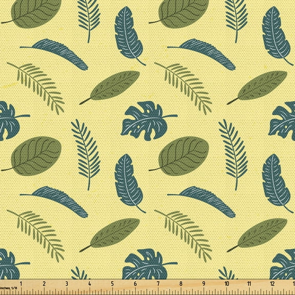 Ambesonne Tropical Fabric by the Yard Upholstery, Banana Monstera Exotic Art, 3 Yards, Pastel Yellow Grey Teal