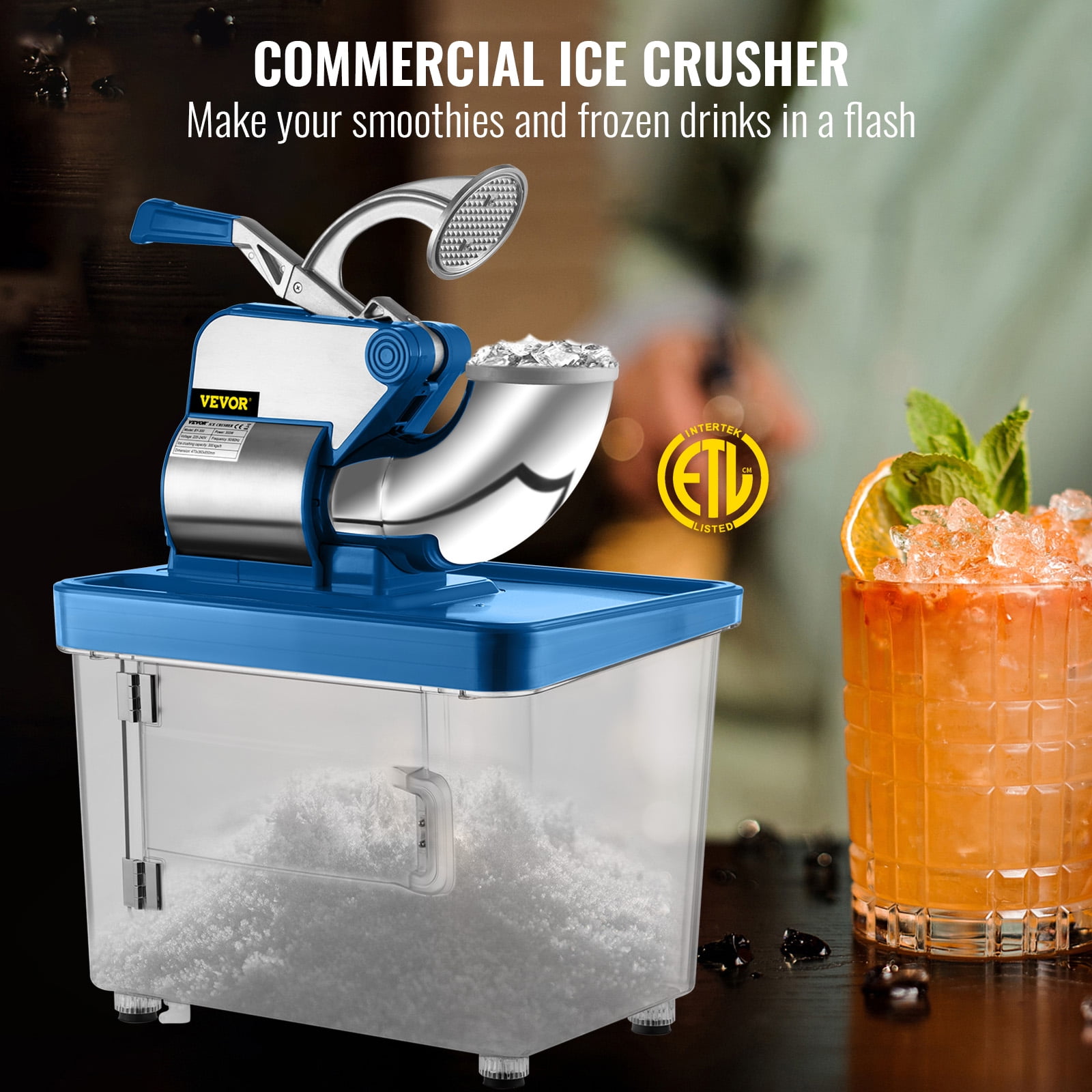 KFFKFF  110V Commercial Ice Crusher 440LBS/H, ETL Approved 300W Electric Snow Cone Machine BLUE