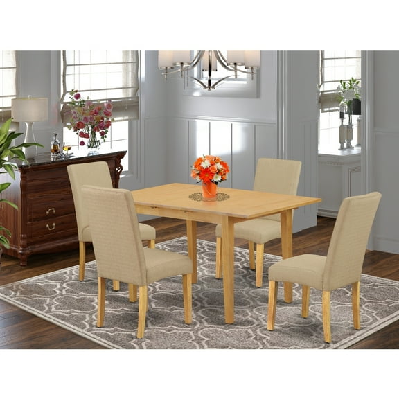 Vintage Dinette Set - 5Pc Rectangle Table & 4 Parson Chairs - Oak Finish, Linen Fabric