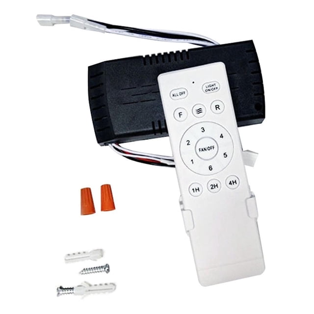 Universal Ceiling Fan Remote Control Kit Replacement, featuring a 6-speed and timing functionality. The kit includes a black controller and a white remote control with buttons for fan speed, light on/off, and timing options (1H, 2H, 4H). Compatible with most 6-speed DC ceiling fans, it is easy to install and comes with a remote control bracket, screws, and wire connectors. Suitable for home, office, and other spaces.