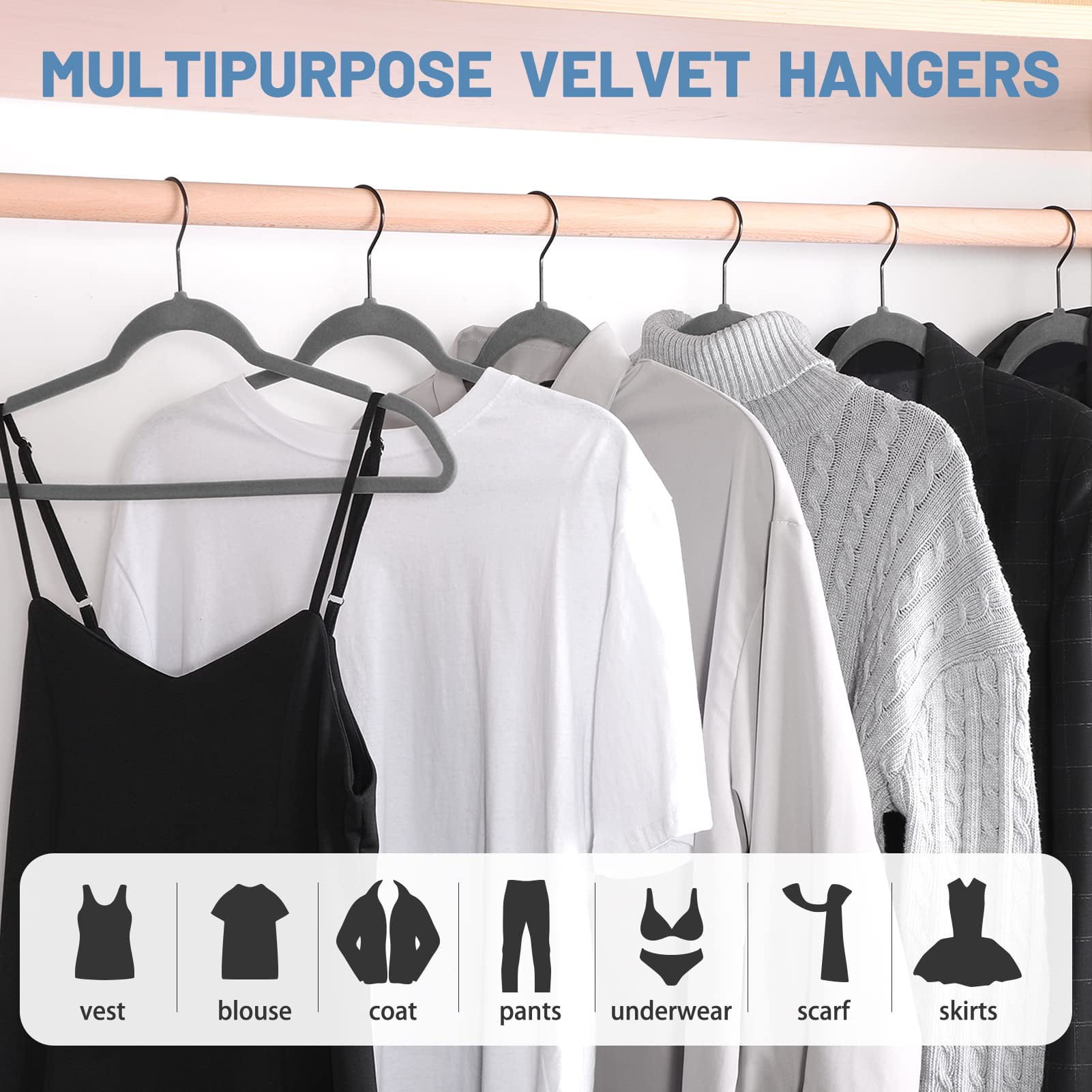 HOUSE DAY Gray Velvet Hangers 60 Pack, Velvet Clothes Hangers Non Slip Felt Hangers, Heavy Duty Coat Hangers for Closet, Ultra Slim Hangers Black Hangers Space Saving Hangers for Suits, Shirt