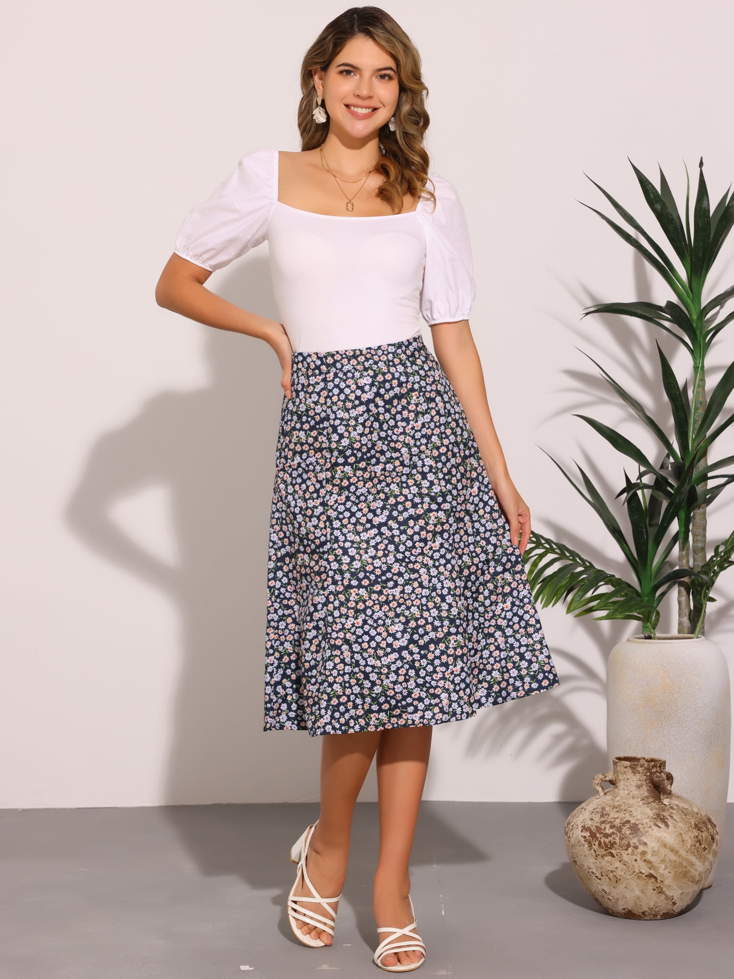 DARING DIVA Women's Elastic Waist A-Line Midi Skirt M Dark Blue Flower