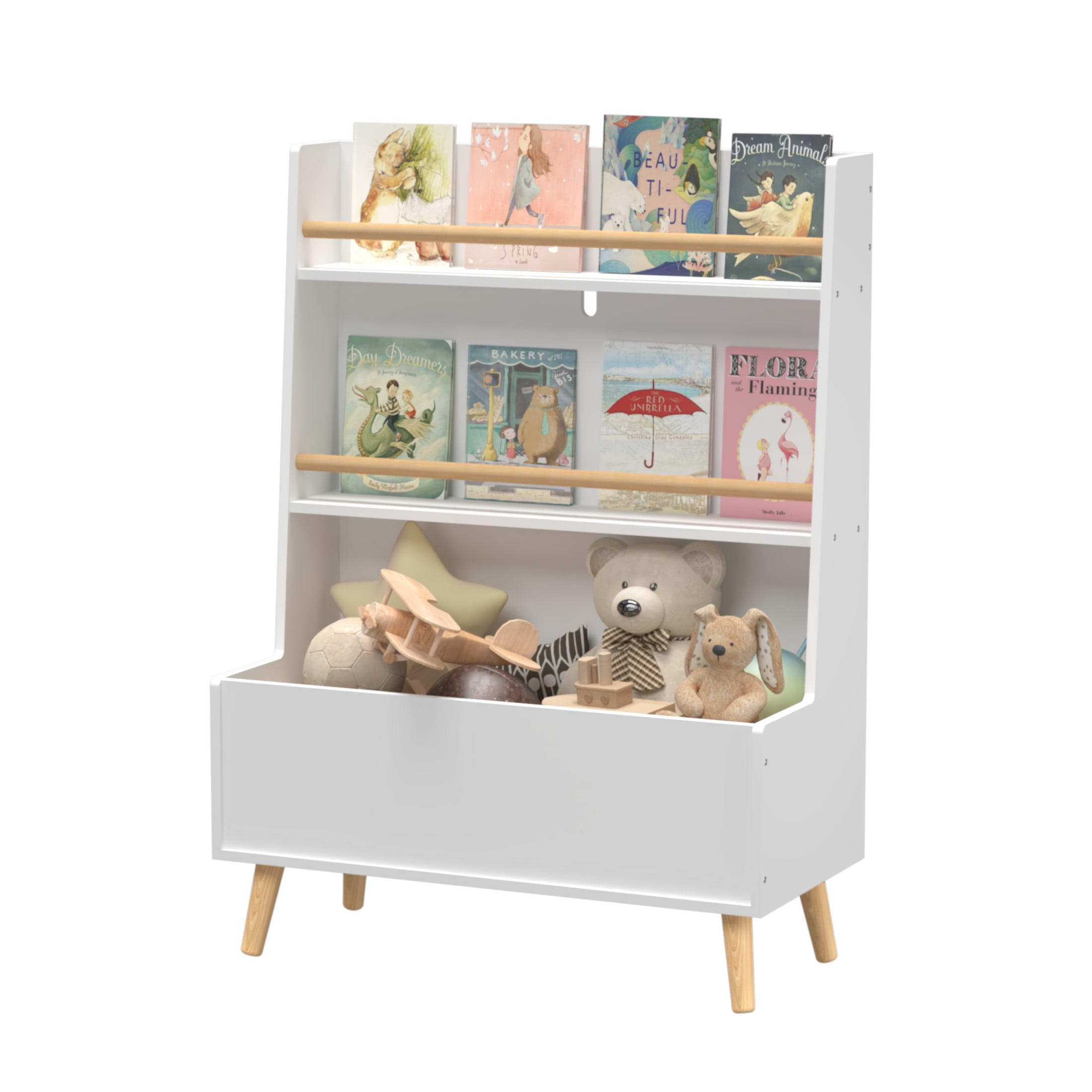 Noble House Solview Kids Bookshelf with Toy Bin, 2-Shelf Book and Magazine Rack Storage Cabinet Organizer, White