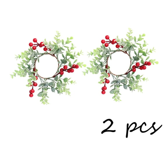 Tarmeek 2 Pack Christmas Candle Rings Wreaths Artificial Red Berries for Kitchen Cabinet Christmas Table Centerpieces Mini Rings Hanging Wreaths for Front Door Cabinet Window Table Centerpieces Decor