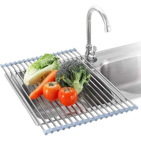 Extra Large 18.5inch with 12 tubes Roll Up Dish Drying Rack Over The Sink Dish Drainer for Kitchen Counter, Sink Drying Rack Dish Drying Mat Folding Dish Rack Kitchen Sink Organizer Home Essentials