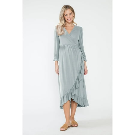 

Women Maternity Dress with Knott on Waist and Ruffle Over Lap