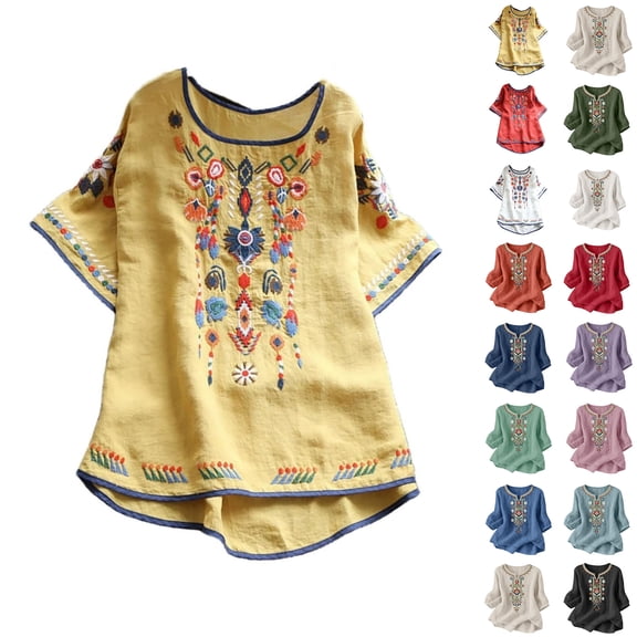 Womens Plus Size T-Shirt Blouse Sawvnm Womens Spring Summer Casual Loose Fashion T-Shirt Short Sleeve Round Neck Embroidery Tops Cotton and Linen Blouse for Women Yellow XXXL