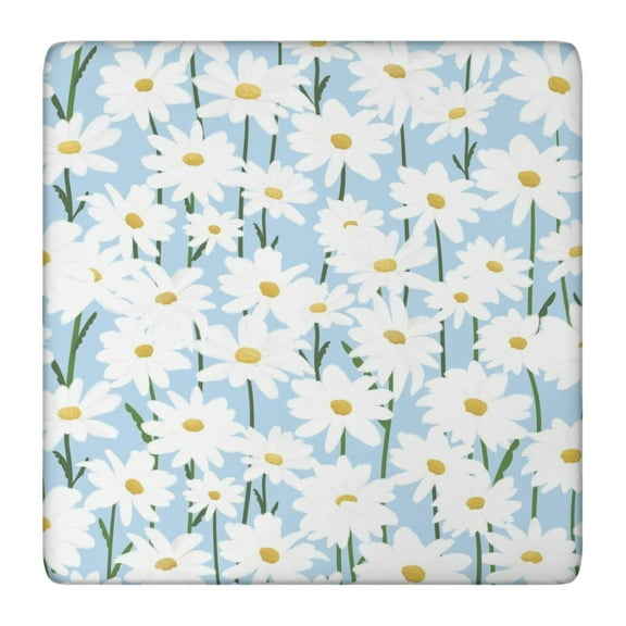 Fitted Tablecloth Square Waterproof Vinyl with Daisy Floral Pattern, Boho Chic Design, Backing for Indoor Outdoor Table Use
