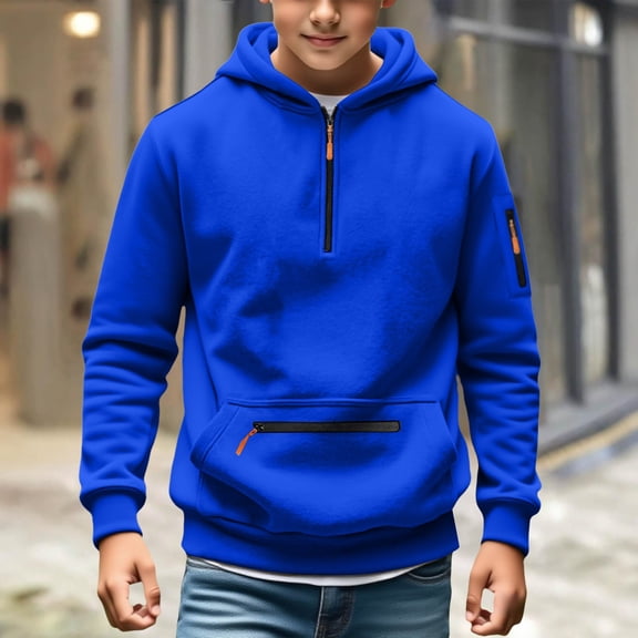 XIMIN Boys Vintage Tactical Hoodies Casual Fall Winter Fashion Long Sleeve Half Zip Hooded Sweatshirts Baggy Comfy Y2k Pullover Tops with Pockets
