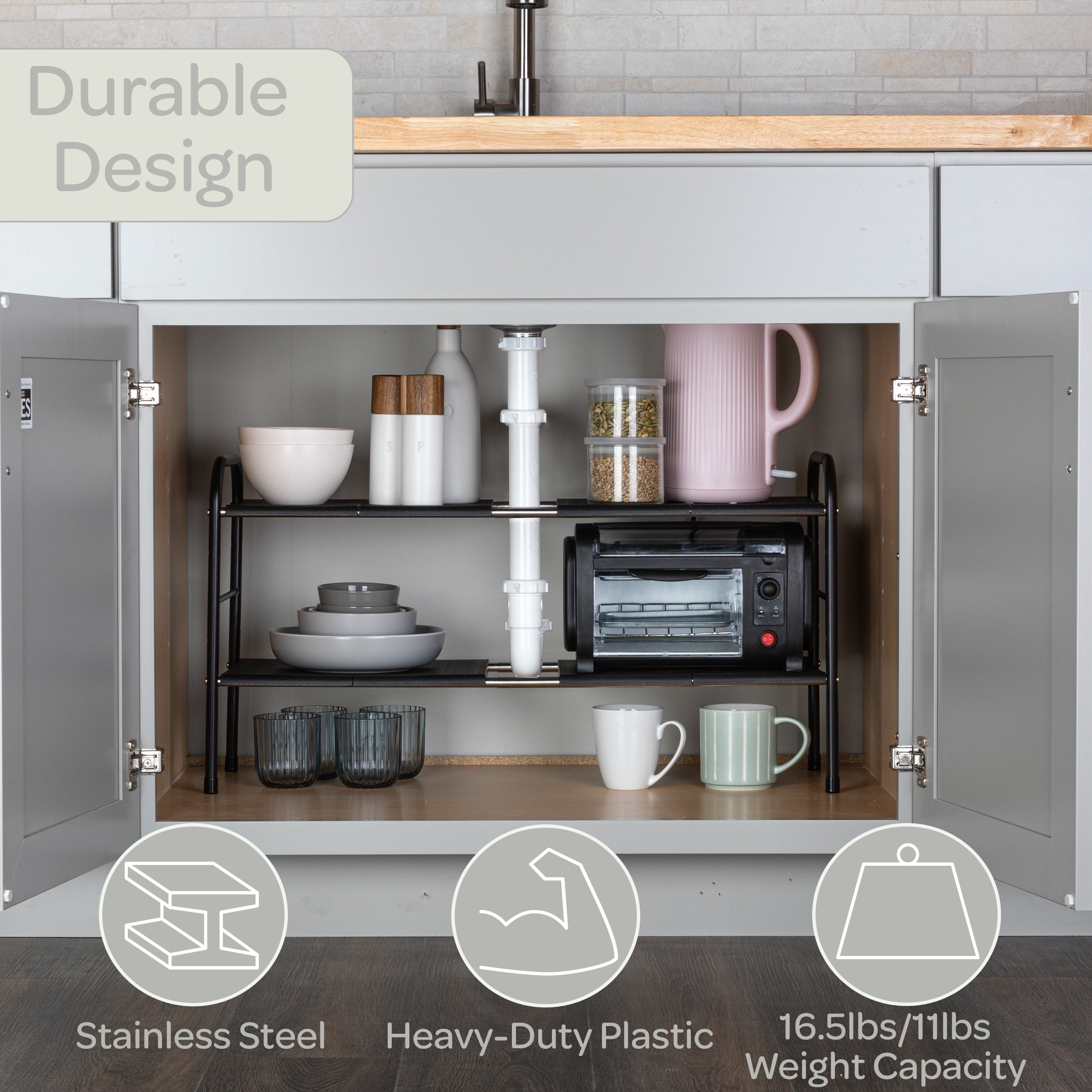Home-Complete 2 Tier Under Sink Organizer with 8 Removable Panels (White)