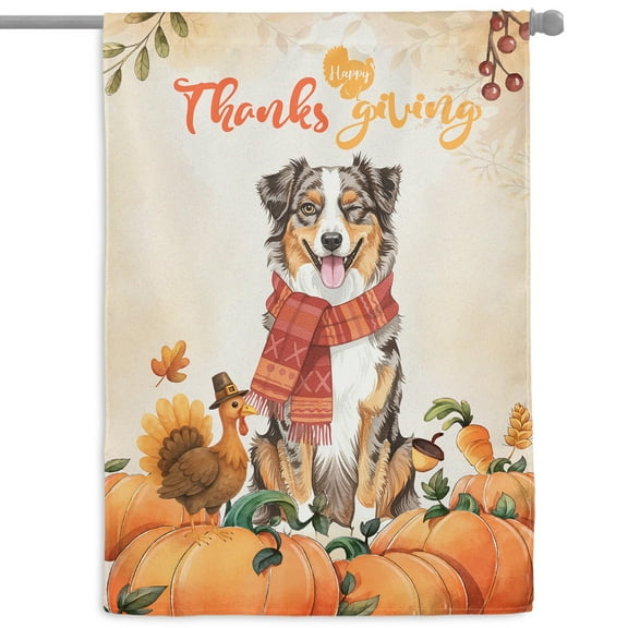 Happy Thanksgiving Australian Shepherd with Turkey Pumpkins Autumn Vibes House Flag 28x40in Double Sided Aussie Dog Lover Gifts Outdoor Decor - 12018