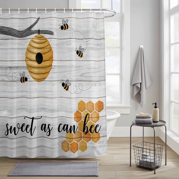 Bathroom Shower Curtain Watercolor Bee Honeycomb Tree Branch Waterproof Shower Curtains with Hooks, Farm Wood Grain Bath Curtains Bathtub Curtain Home Decor 36x72in