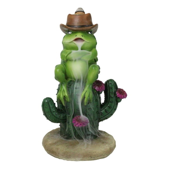Western Outlaw Cowboy Frog On Cactus Backflow Incense Cone Burner Figurine