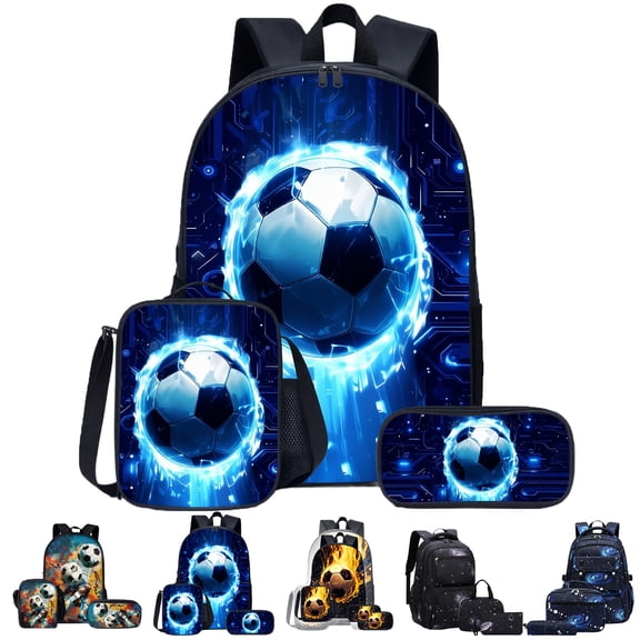 Soccer Ball Print Backpack for Boys Lightweight School Backpack with Lunch Box Set for Boys Preschool Elementary School Bag Students Knapsack with Pencil Case