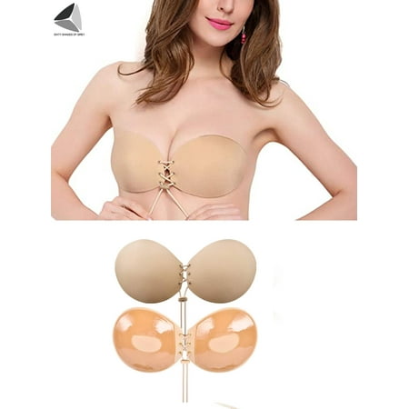 PULLIMORE Push Up Adhesive Bra Reusable Backless Sticky Bras for Backless Wedding String Dress (Cup B  Skin)