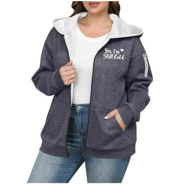 Sweaters for Women: Large Size Solid Color Zipper Hooded Plus Velvet Thickened Jacket, Drop Shoulder Long Sleeve for Cold Weather