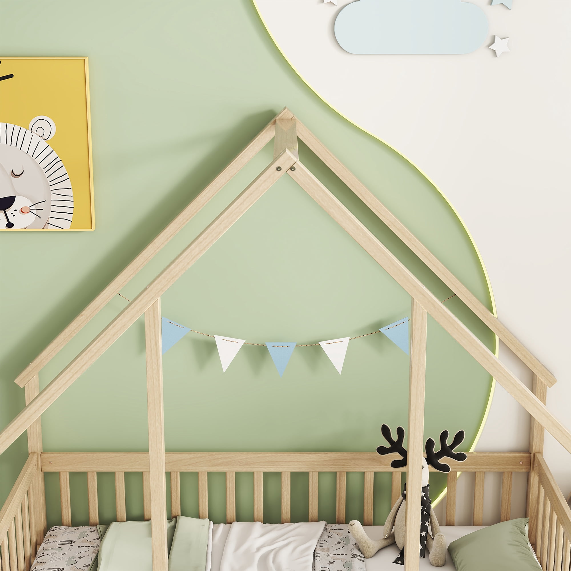 Kumix House-Shaped Floor Bed with Fence Guardrails and Roof, Twin Size Floor Bed Frame for Boys & Girls, Wooden Playhouse Bed Frame, Twin Floor Bed Montessori House Bed Frame, Natural