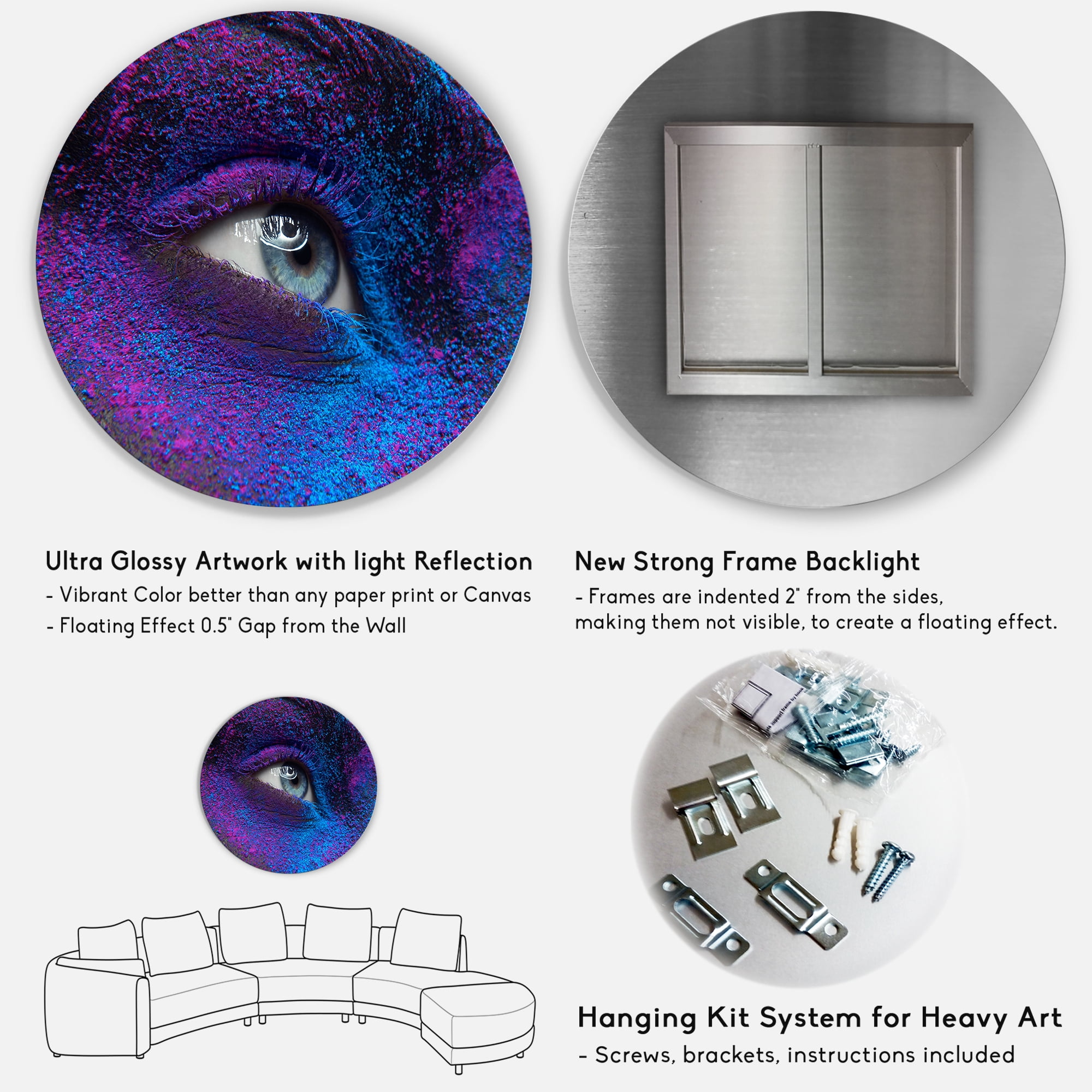 Designart 'Woman Eye With Dry Paint Dust Pigment On Face' Modern Circle Metal Wall Art 36x36 - Disc of 36
