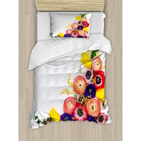 English Rose Bedding Anemone Flower Twin Size Duvet Cover Set, Festive Floral Composition with English Roses Fresh Buttercups and Herbs, Decorative 2 Piece Bedding Set with 1 Pillow Sham, Multicolor, by Ambesonne ()