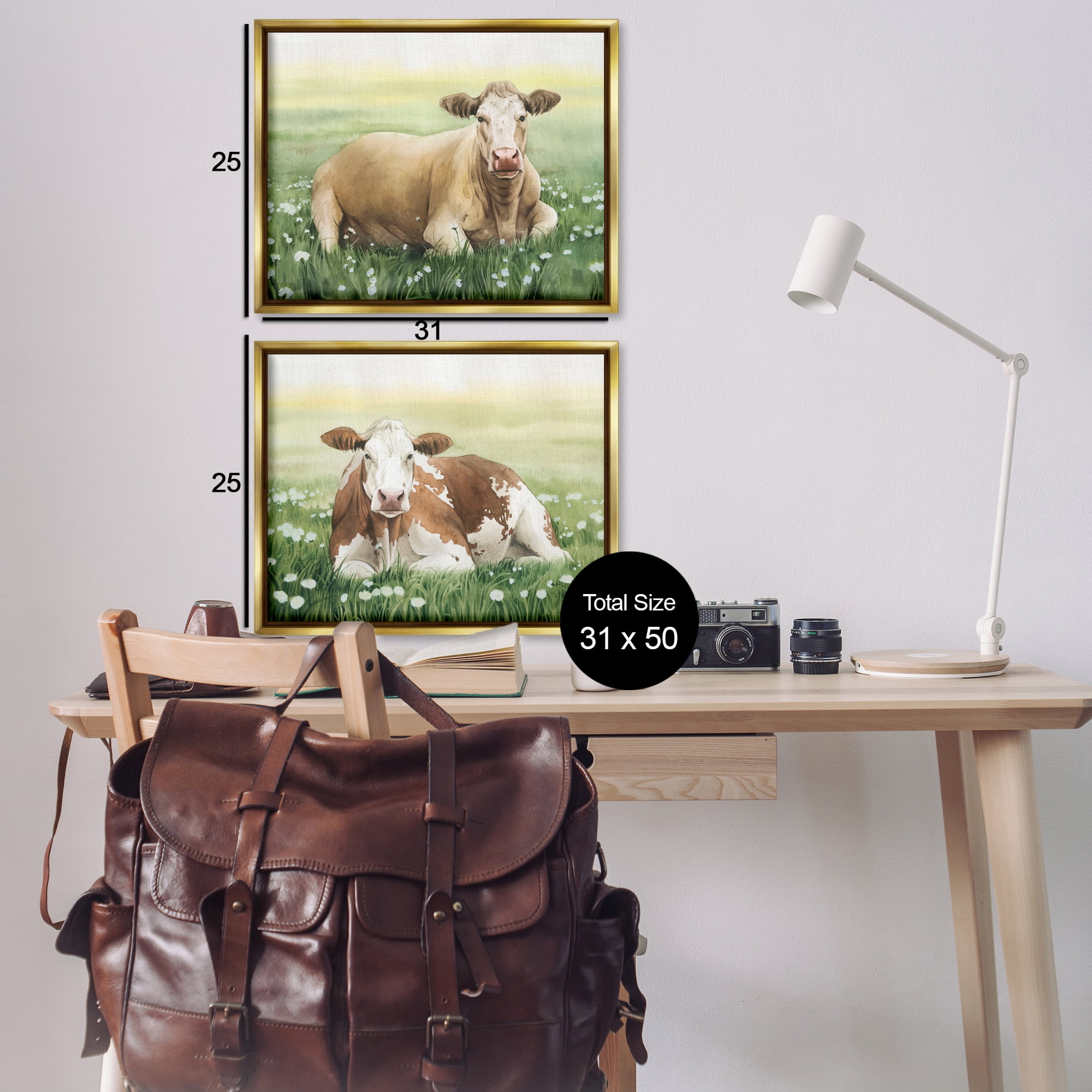 Stupell Industries Cows Resting in Flower Field Animals Painting Gold Floater Framed Canvas Art Print Wall Art, 31 x 25, Set of 2