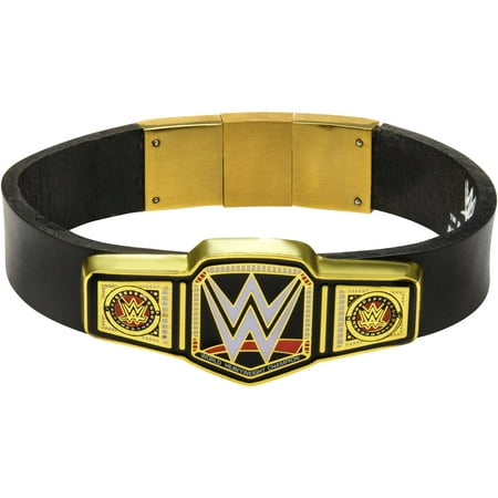 WWE Championship Belt Logo Mens Stainless Steel Gold IP in Black Leather Bracelet, 8.5u0022