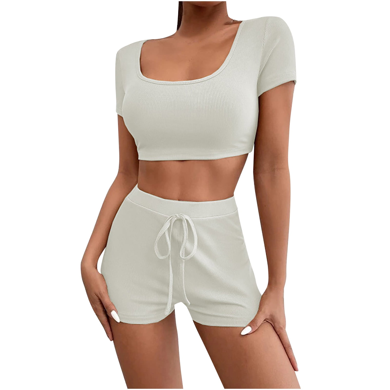 Women 2 Piece Shorts Crop Top Set White