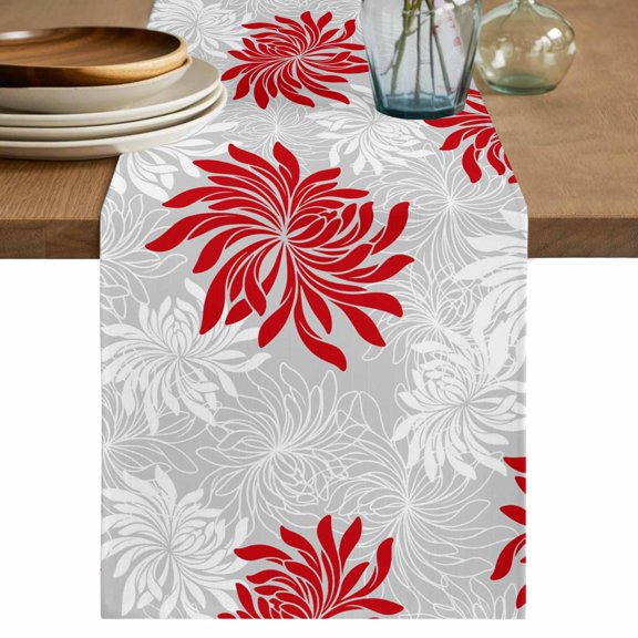 Red Grey Flowers Table Runner 60 Inches, Modern Abstract Blooms Floral Bed Runner Dresser Scarves Tabletop for Indoor Outdoor Parties/Ceremony/Banquet, 13" x 60"