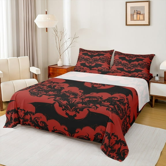 Manfei Western Damask Print Twin Sheet Sets for Kid, Black Red Bat Twin Fitted Sheet, Halloween Theme Flat Sheet, Lightweight Room Decor, 3-Piece