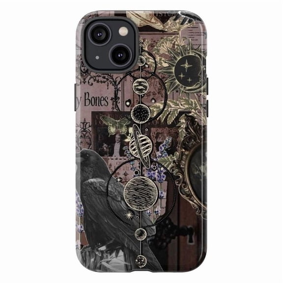 Gothic Raven & Celestial Phone Case, Dark Academia Witchy Vintage Collage Design, Protective Aesthetic Cover for iPhone 16 15 14 13 12 11 Pro Max Plus Mini