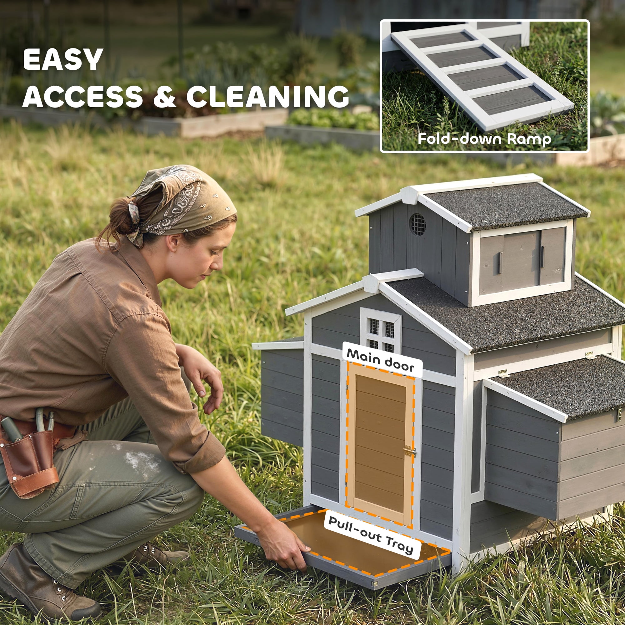 PawHut Chicken Coop for 2 Chickens, Wooden Hen House with Nesting Box, Pull-Out Tray, Ventilation Windows, Poultry Hutch Rabbit Cage