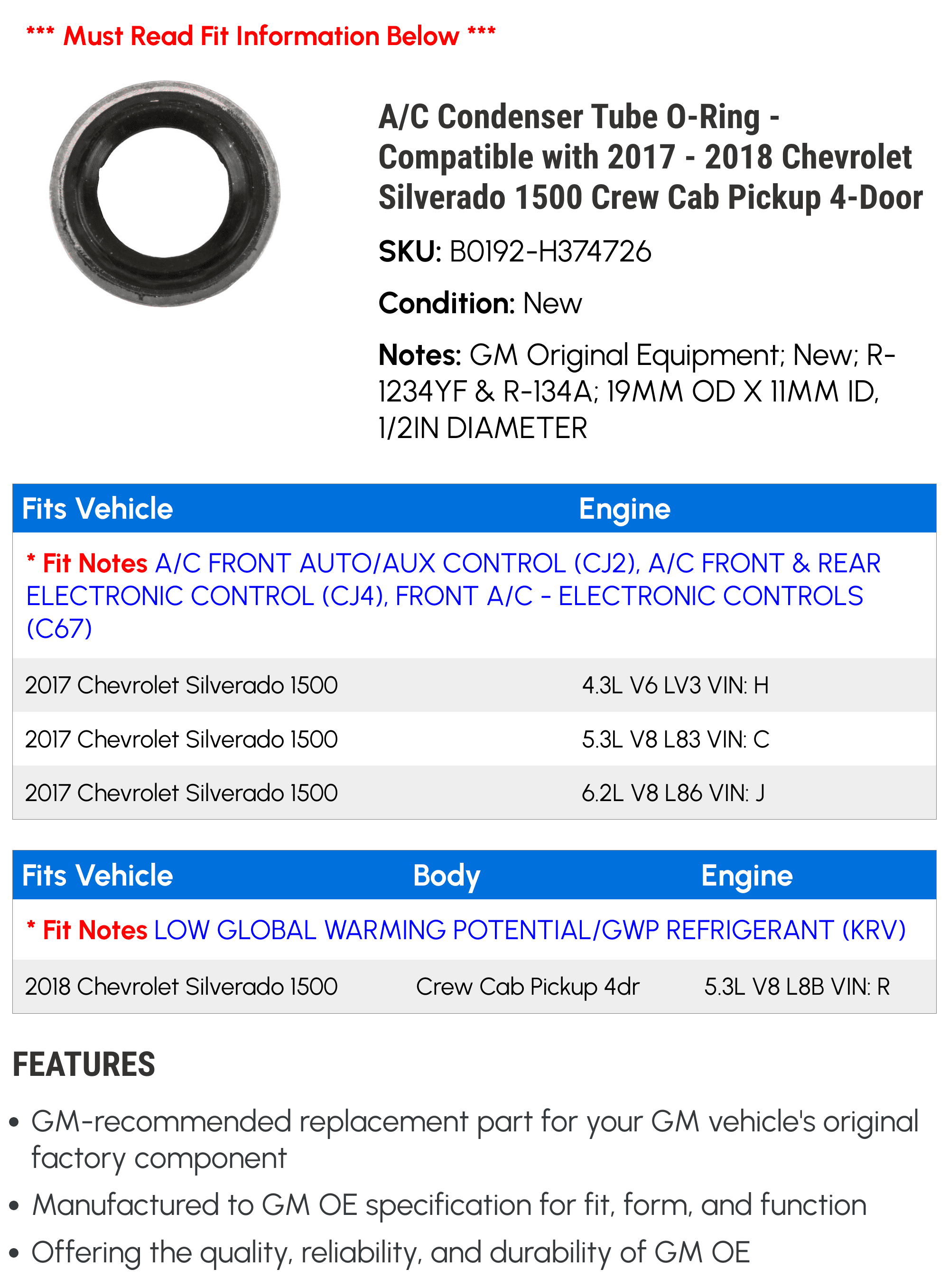 A/C Condenser Tube O-Ring - Compatible with 2017 - 2018 Chevy Silverado 1500 Crew Cab Pickup 4-Door