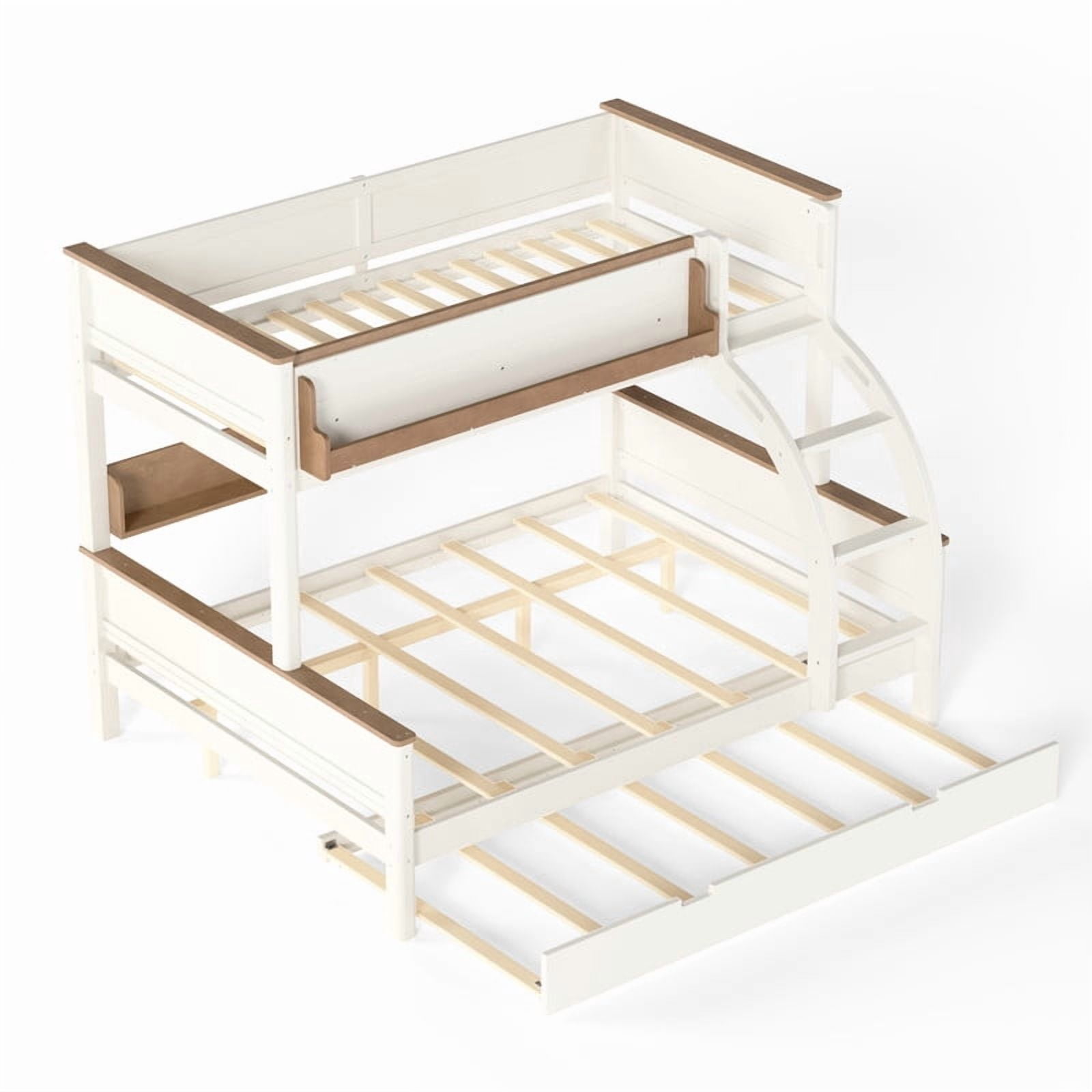 Twin-Over-Full Wooden Bunk Bed Frame with Trundle, Detachable Bed Convertible Into 2 Platform Beds, Kids Storage Bed with Shelf