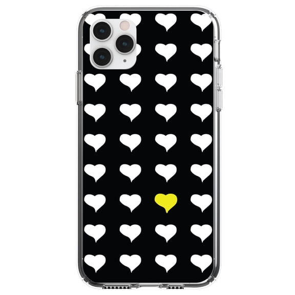 DistinctInk Clear Shockproof Hybrid Case for iPhone 12 MINI (5.4" Screen) - TPU Bumper, Acrylic Back, Tempered Glass Screen Protector - Yellow White Black Repeating Hearts