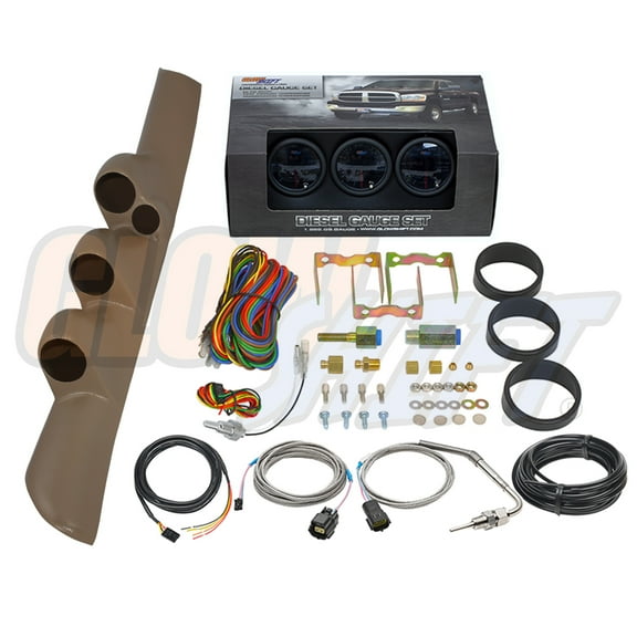 GlowShift | 1998-2002 2nd Dodge Ram 5.9 Cummins Tan Triple Pillar Pod with Tinted 7 Color Series 60 PSI Boost Gauge, 1500 Pyrometer Exhaust Gas Temperature Gauge & Trans Temp Gauge