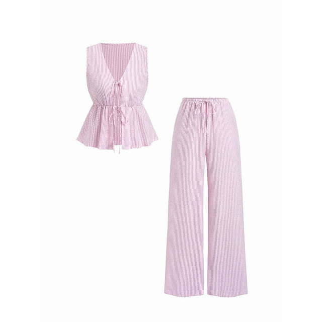 Conjunto de Dos Piezas de Verano para Mujer, con Estampado de Rayas, Sin Mangas, con Cordones, Camiseta Sin Mangas y Pantalones para Playa Rosa M
