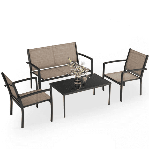 LACOO 4 Pieces Outdoor Furniture Set Patio Textilene Steel Conversation Set with Loveseat Tea Table for Lawn and Balcony, Brown