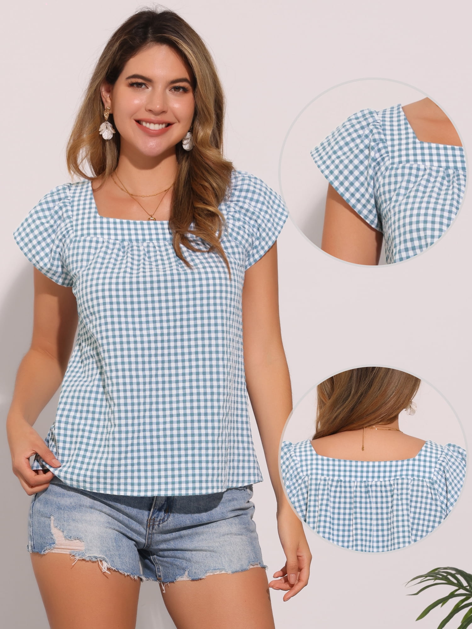 DARING DIVA Women's Cute Cap Sleeve Square Neck Plaid Blouses S Lake Blue
