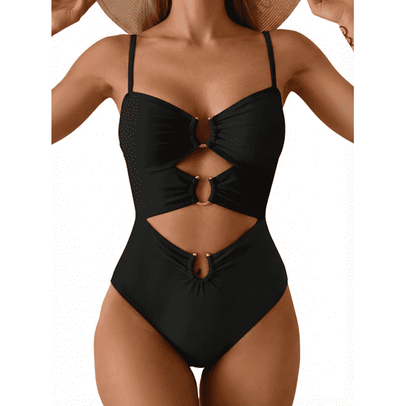 SOMER One Piece Swimsuit for Women Tummy Control Ring Linked Monokini Bathing Suit Cutout Swim Suit