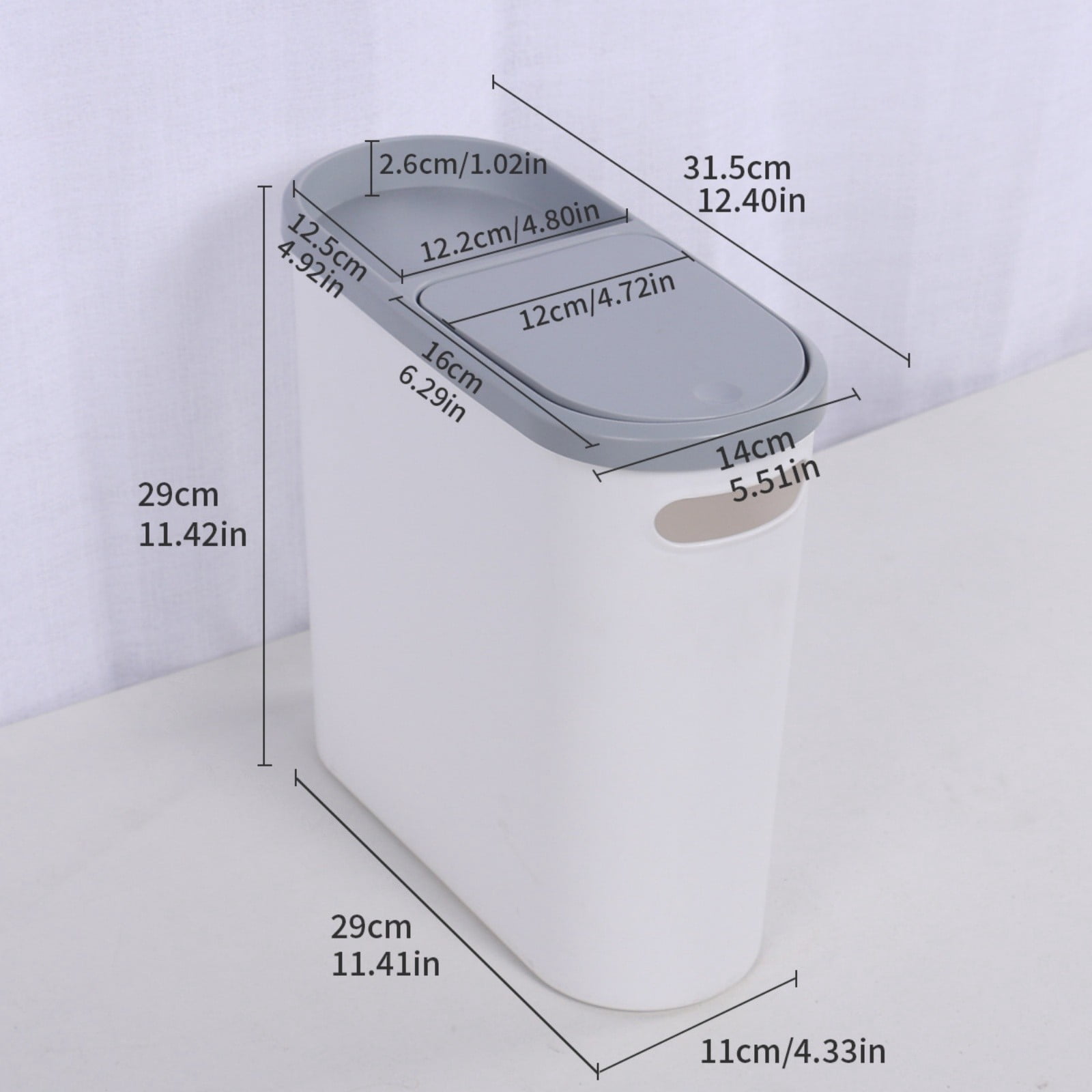 Small Bathroom Can with Lid, 2.6 Gallon / 10L Slim Garbage Bin with Pop-Up Top, Mini Waste Basket for Kitchen, Bedroom, Office, Laundry, or Toilet, Space-Saving Design