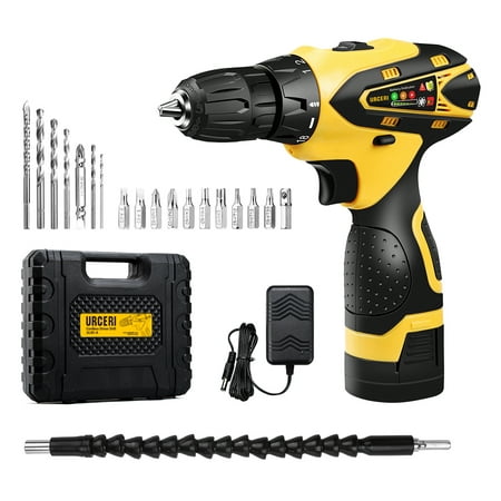 URCERI 16.8V Cordless Electric Drill, 2000 mAh Lithium-ion Battery 2-Speed Driver with LED, Multiple Sockets, Screwdriver & Drill Bits, Magnetic Tip Holder & Flexible Shaft, Yellow